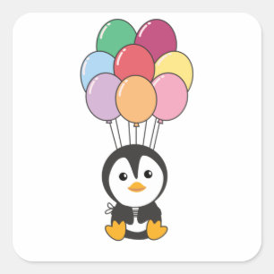 Penguin Flies Up With Colourful Balloons Square Sticker