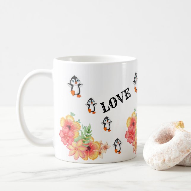 Penguin Floral Love Faith Hope Mug (With Donut)