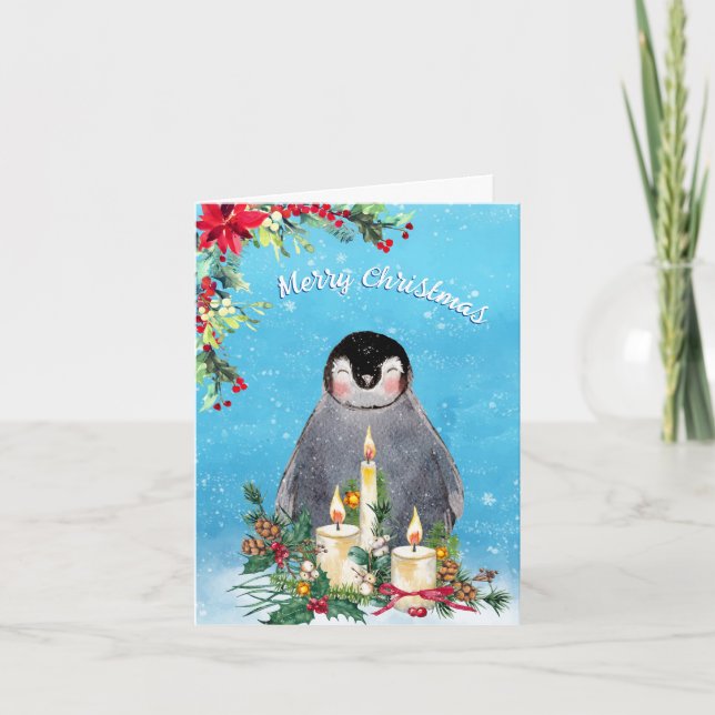 Penguin Floral Watercolor Merry Christmas Holiday Card (Front)