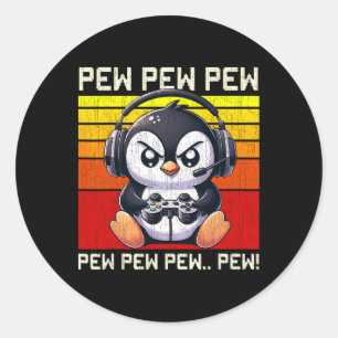 Penguin Gamer Pew Funny Video Games Vintage Boys M Classic Round Sticker