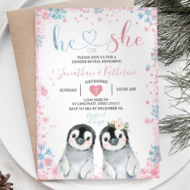 Penguin Gender Reveal He or She Winter Snowflakes  Invitation (Creator Uploaded)
