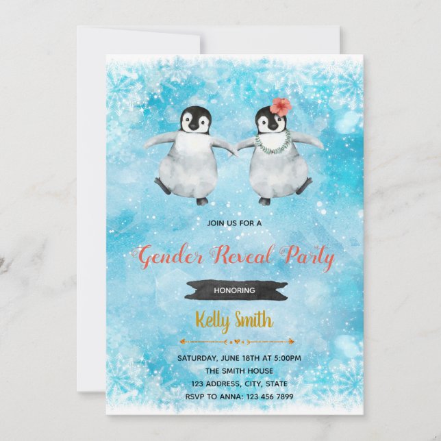 Penguin gender reveal party invitation (Front)