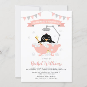 Penguin Girl in Pink Bathtub Shower Invitation