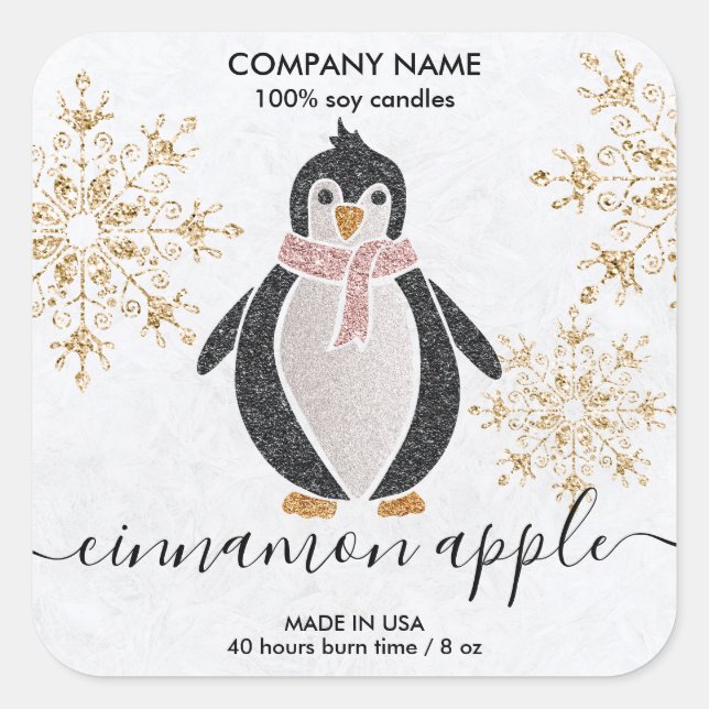 Penguin Glitter Christmas Snow Winter Square Stick Sticker (Front)