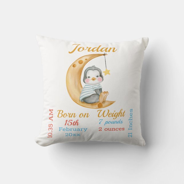 Penguin Half Moon Baby Stats Cushion (Front)