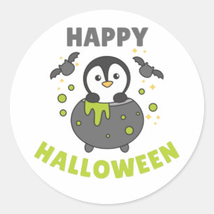 Penguin Happy Halloween Cauldron Bat Classic Round Sticker