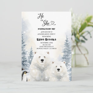 Penguin He or She Evergreen Winter Gender Reveal Invitation