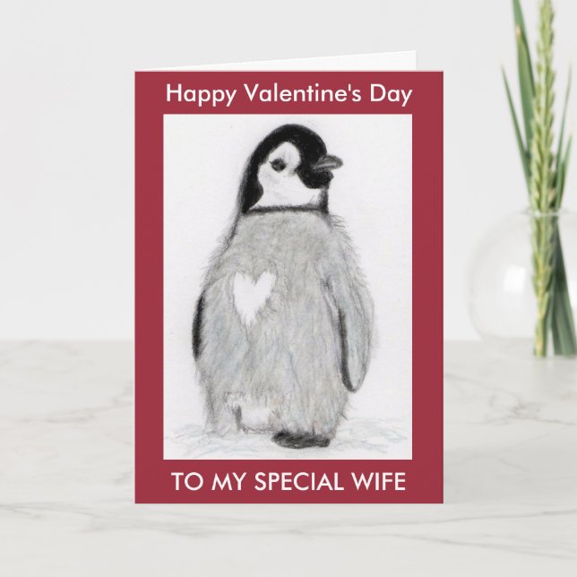 PENGUIN HEART VALENTINE'S DAY WIFE ETC PERSONALISE HOLIDAY CARD (Front)
