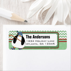 Penguin Hockey Stick Christmas Return Address Label