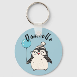 Penguin Holding a Balloon Personalised Blue Key Ring