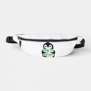 Penguin holding a sign with custom message bum bags