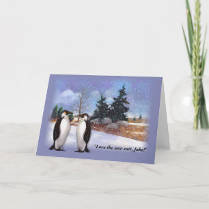 Penguin Humour, Oil Pastel Winter Scene, Art, Funn Holiday Card