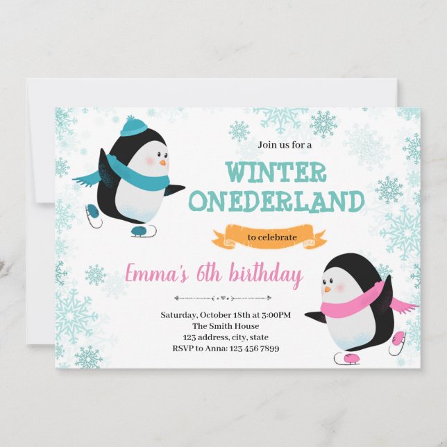 Penguin ice skate birthday invitation (Front)