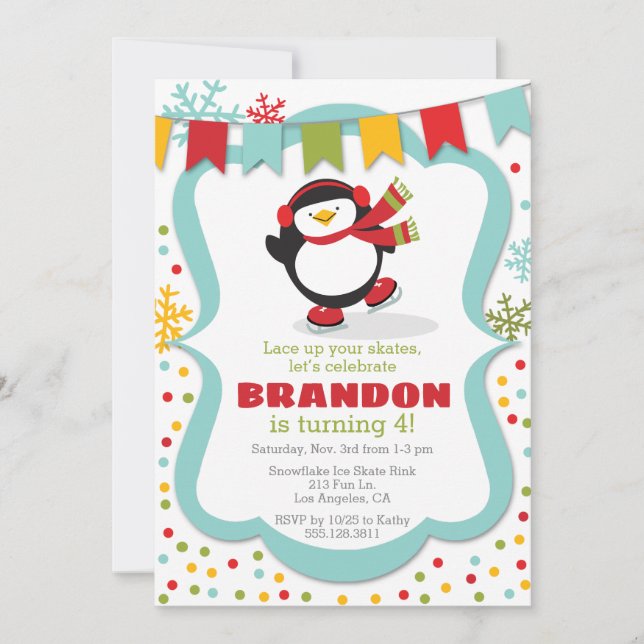 Penguin Ice Skate Winter Birthday Party Invitation (Front)
