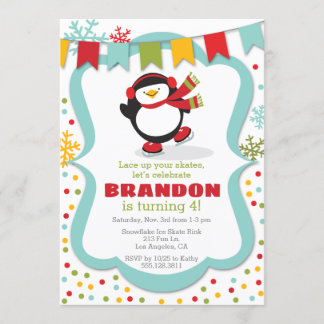 Penguin Ice Skate Winter Birthday Party Invitation