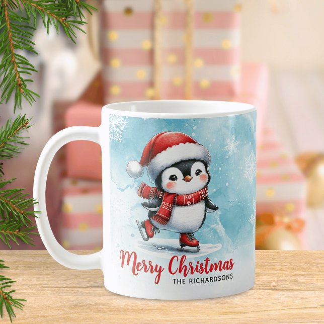 Penguin Ice Skater Blue and Red Merry Christmas Coffee Mug (Creator Uploaded)