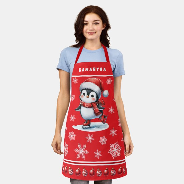 Penguin Ice Skater Festive Custom Red Christmas Apron (Worn)