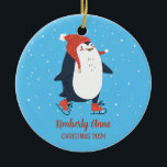 Penguin Ice Skating Christmas Snowy Winter Holiday Ceramic Ornament<br><div class="desc">Cute cartoon animal ornament for kids and children. Perfect for first Christmas celebration with family. You can customise the text for any occasion.</div>