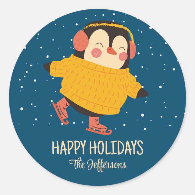 Penguin Ice Skating Christmas Snowy Winter Holiday Classic Round Sticker (Front)