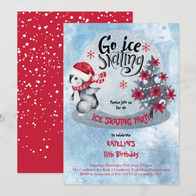 Penguin Ice Skating Holiday 11th Birthday Party In Invitation (Front/Back)