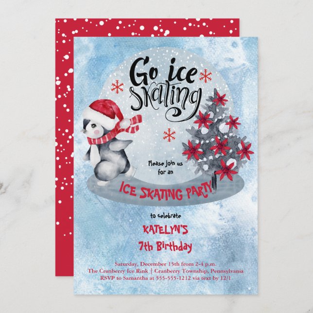Penguin Ice Skating Holiday 7th Birthday Party Invitation (Front/Back)