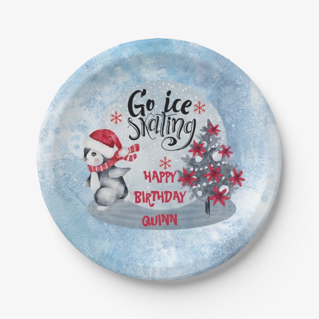 Penguin Ice Skating Holiday Birthday Party Paper Plate (Front)