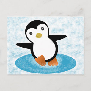 Penguin ice skating in the snow holiday postcard