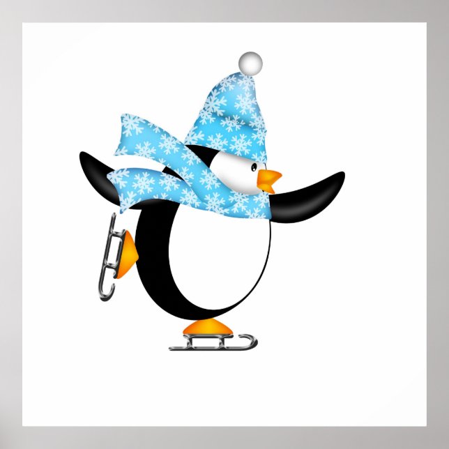 Penguin Ice Skating with Hat and Scarf Poster (Front)