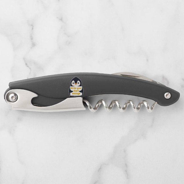 Penguin illustration holding customizable sign corkscrew (Front)