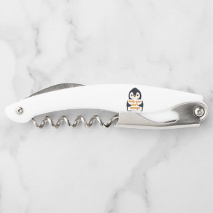 Penguin illustration holding customizable sign corkscrew