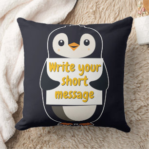 Penguin illustration holding customizable sign cushion
