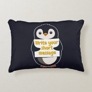 Penguin illustration holding customizable sign decorative cushion