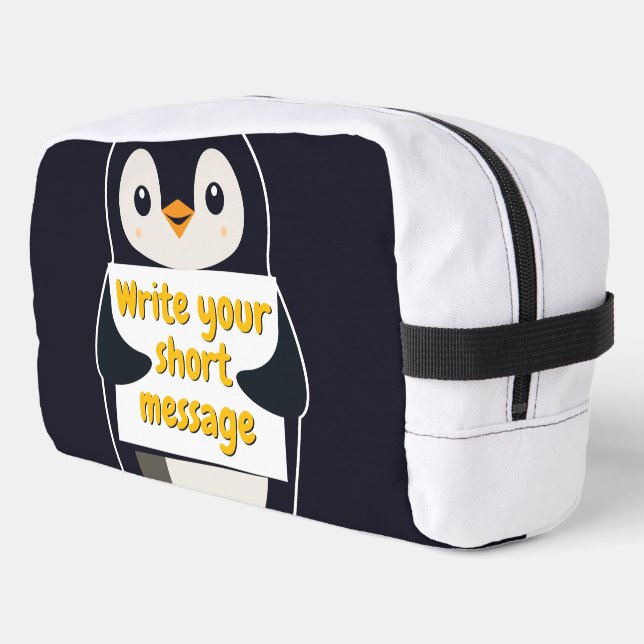 Penguin illustration holding customizable sign dopp kit (Left Corner)