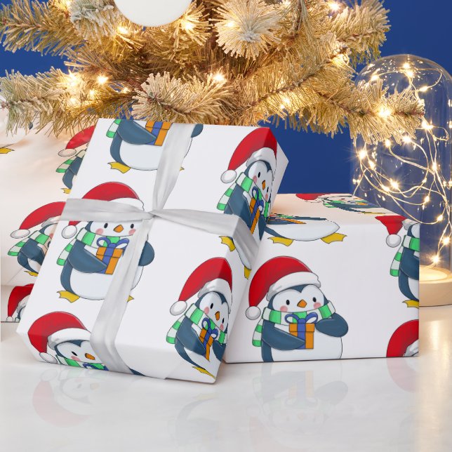 Penguin in a Christmas hat with a gift Wrapping Paper (Holidays)