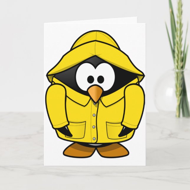 Penguin In A Raincoat Greeting Cards (Front)