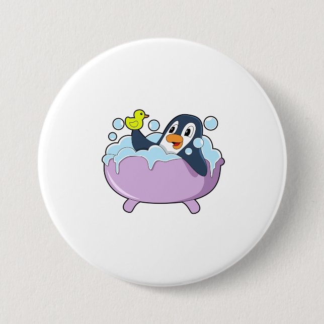 Penguin in Bathtub with Duck 7.5 Cm Round Badge (Front)