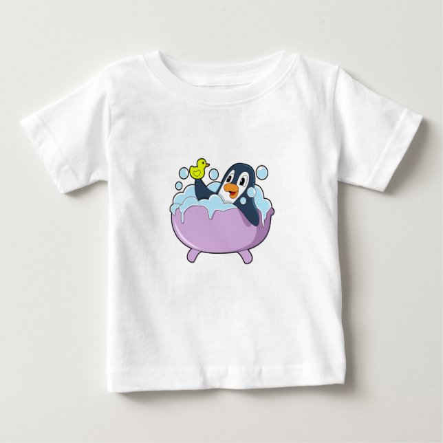 Penguin in Bathtub with Duck Baby T-Shirt (Front)