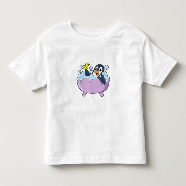 Penguin in Bathtub with Duck Toddler T-Shirt (Front)