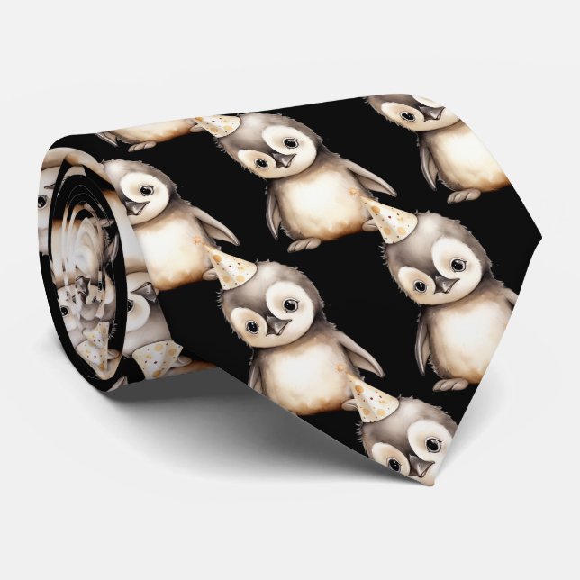 Penguin in Birthday Hat Neck Tie (Rolled)