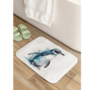 penguin in blue water colour bath mat