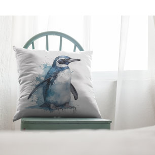 penguin in blue watercolor cushion