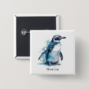 penguin in blue watercolor, customisable 15 cm square badge