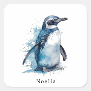penguin in blue watercolor square sticker