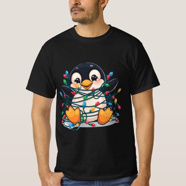 Penguin in Christmas Lights – Holiday Fun Design T-Shirt (Front)