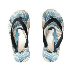 Penguin In Cream Blue Abstract Waves Kid's Thongs