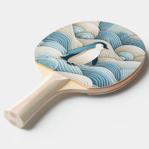 Penguin In Cream Blue Abstract Waves Ping Pong Paddle