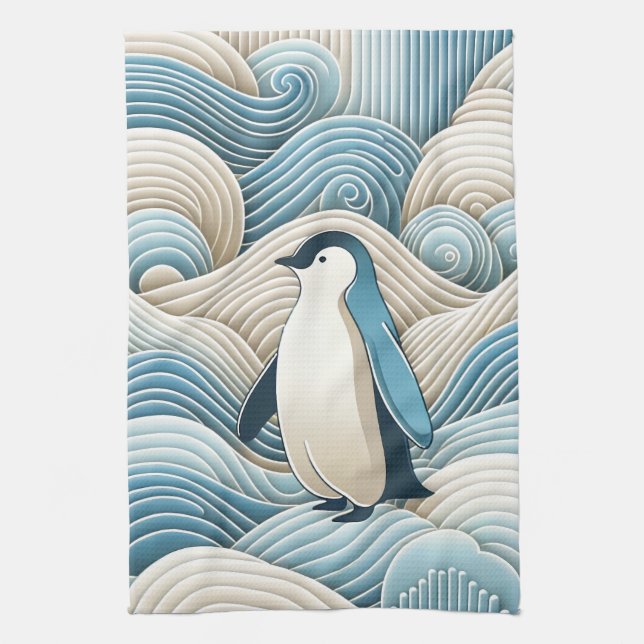 Penguin In Cream Blue Abstract Waves Tea Towel (Vertical)