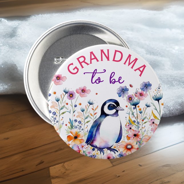 Penguin in Flowers Baby Shower Grandma to be 7.5 Cm Round Badge (Creator Uploaded)