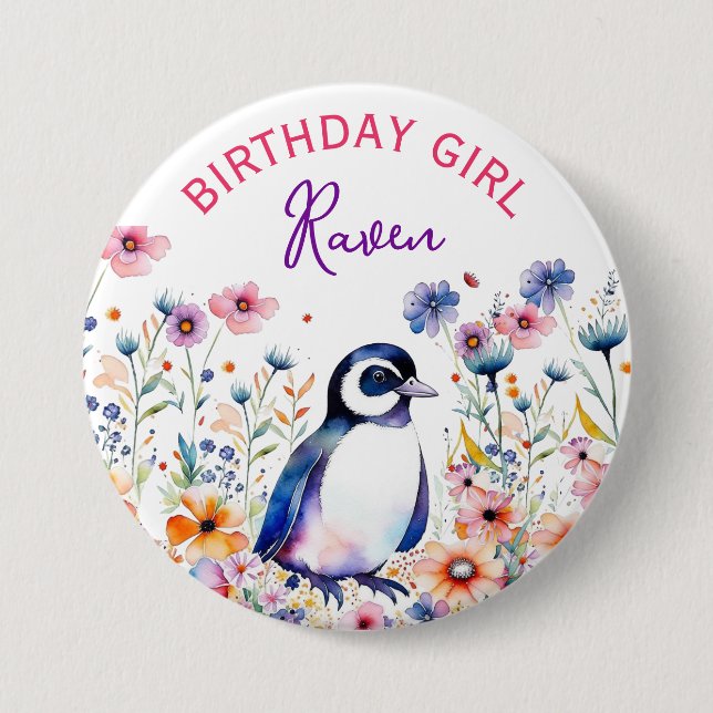 Penguin in Flowers Birthday Girl Personalised 7.5 Cm Round Badge (Front)