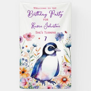Penguin in Flowers Girl's Birthday Party Welcome Banner